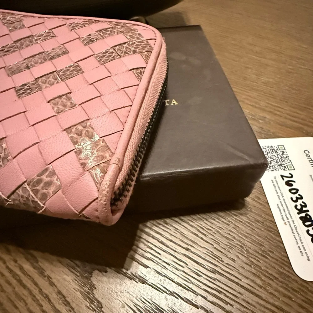 Bottega Veneta Pink and Brown Intrecciato Zip Wallet